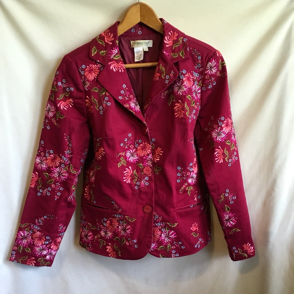 Coldwater Creek Lined Jacket Embroidered Size Small Burgundy